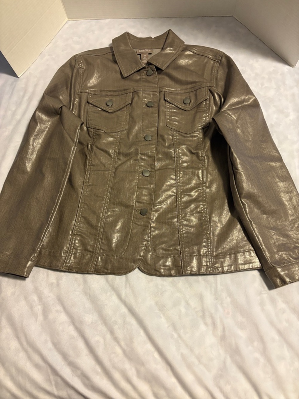 Chico's Foil Coated Hearthstone Taupe Denim Jacket.